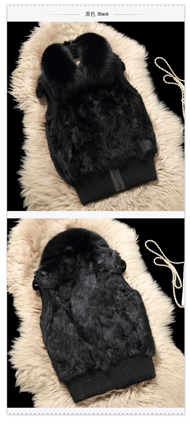 Women's Genuine Real Rabbit Fur Fox Fur Collar Knitting Women's Winter vest Fur Jacket Casual Short Outwear Slim with zipper