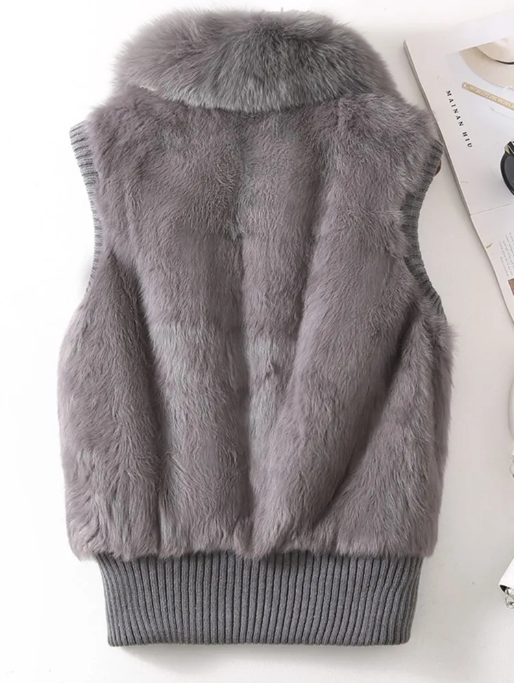 Women's Genuine Real Rabbit Fur Fox Fur Collar Knitting Women's Winter vest Fur Jacket Casual Short Outwear Slim with zipper