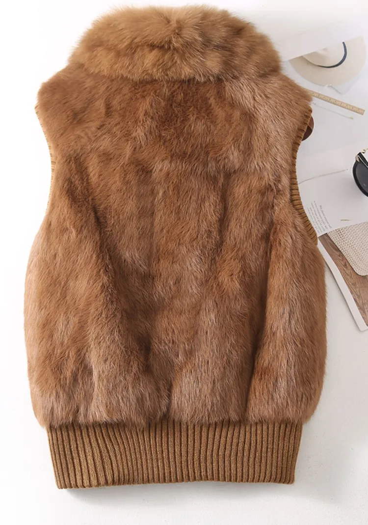 Women's Genuine Real Rabbit Fur Fox Fur Collar Knitting Women's Winter vest Fur Jacket Casual Short Outwear Slim with zipper