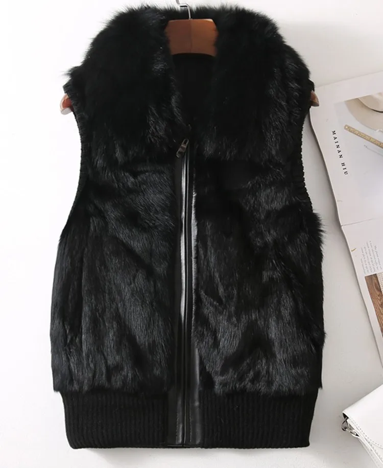 Women's Genuine Real Rabbit Fur Fox Fur Collar Knitting Women's Winter vest Fur Jacket Casual Short Outwear Slim with zipper