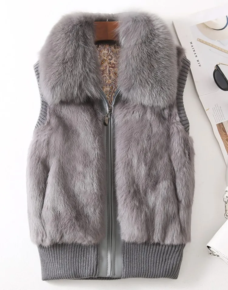 Women's Genuine Real Rabbit Fur Fox Fur Collar Knitting Women's Winter vest Fur Jacket Casual Short Outwear Slim with zipper