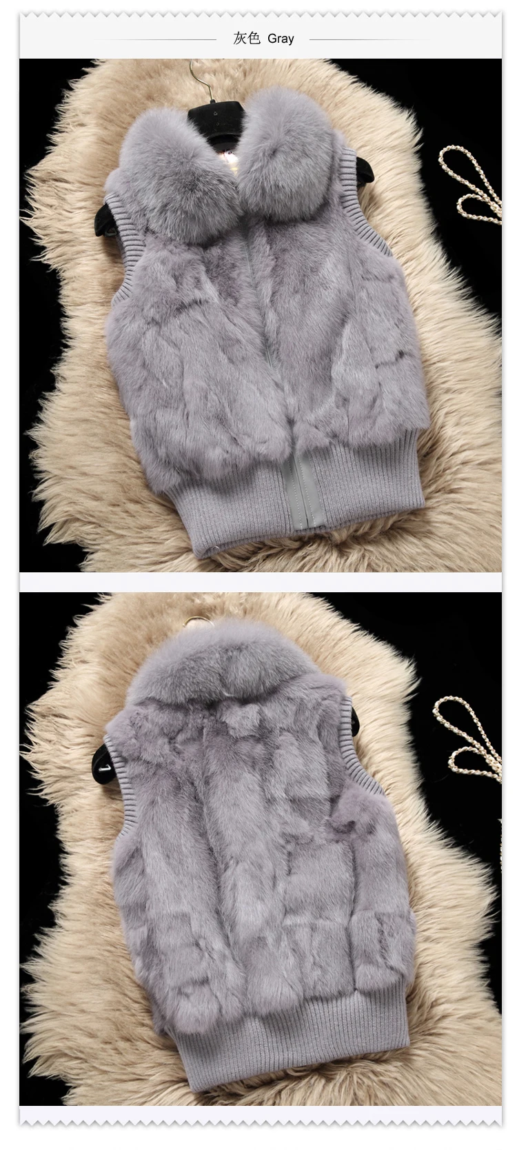 Women's Genuine Real Rabbit Fur Fox Fur Collar Knitting Women's Winter vest Fur Jacket Casual Short Outwear Slim with zipper