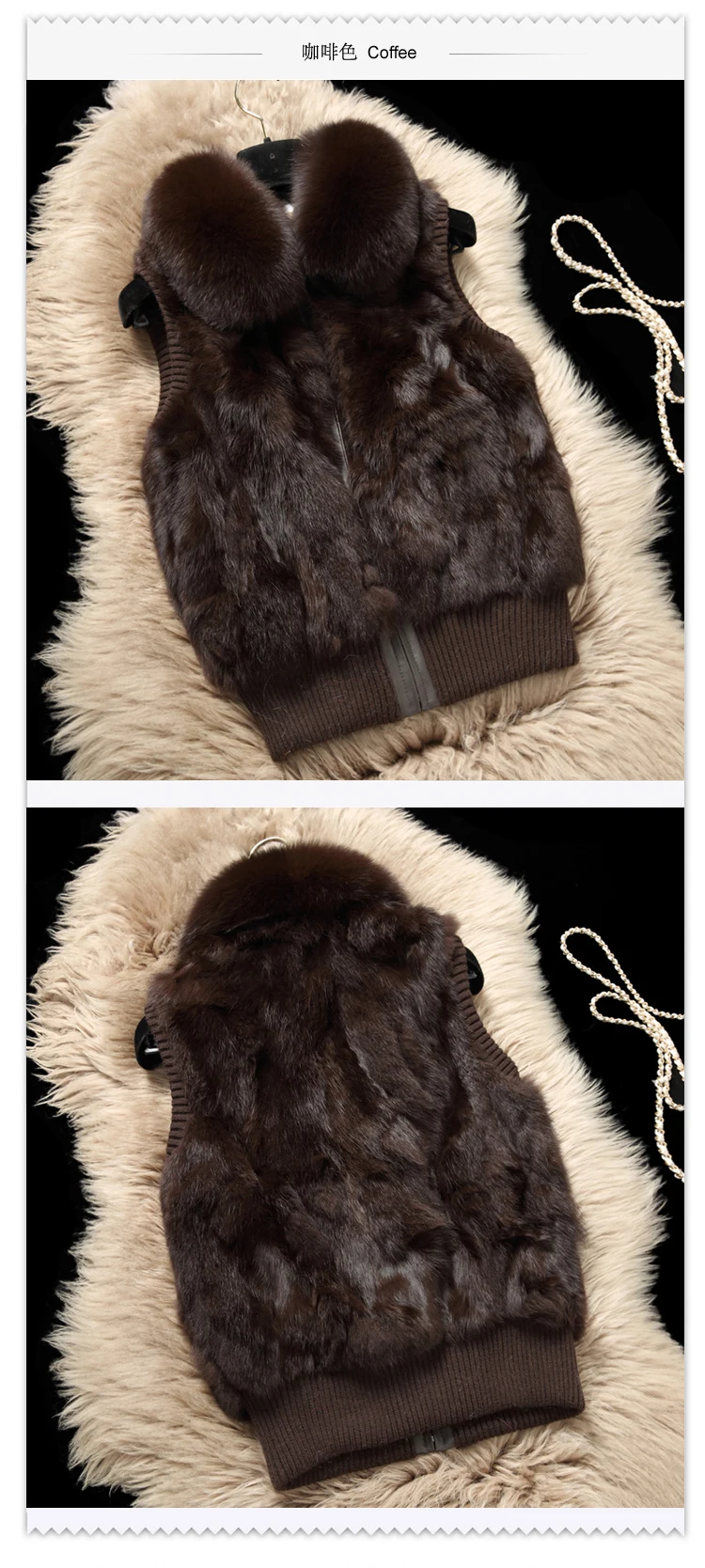 Women's Genuine Real Rabbit Fur Fox Fur Collar Knitting Women's Winter vest Fur Jacket Casual Short Outwear Slim with zipper