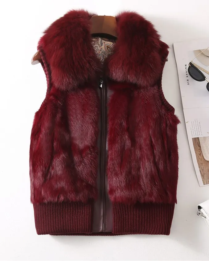 Women's Genuine Real Rabbit Fur Fox Fur Collar Knitting Women's Winter vest Fur Jacket Casual Short Outwear Slim with zipper