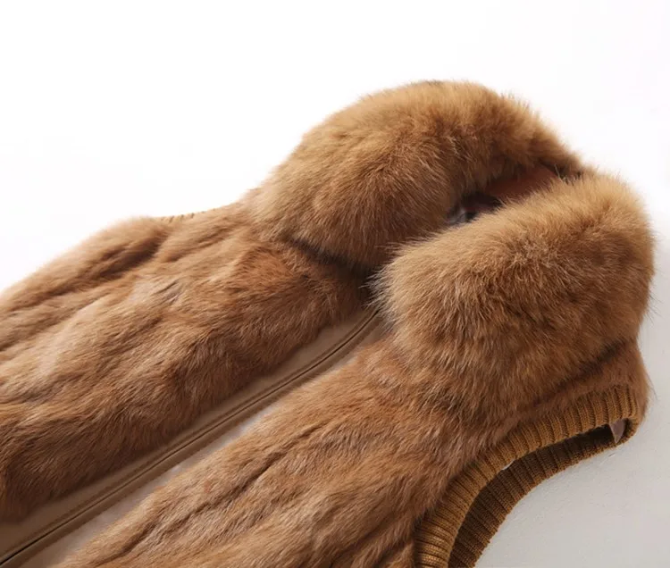 Women's Genuine Real Rabbit Fur Fox Fur Collar Knitting Women's Winter vest Fur Jacket Casual Short Outwear Slim with zipper