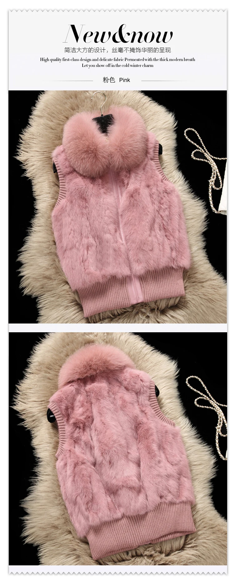 Women's Genuine Real Rabbit Fur Fox Fur Collar Knitting Women's Winter vest Fur Jacket Casual Short Outwear Slim with zipper