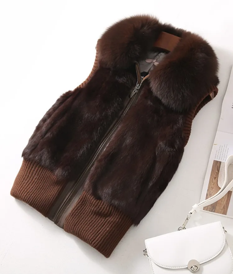 Women's Genuine Real Rabbit Fur Fox Fur Collar Knitting Women's Winter vest Fur Jacket Casual Short Outwear Slim with zipper