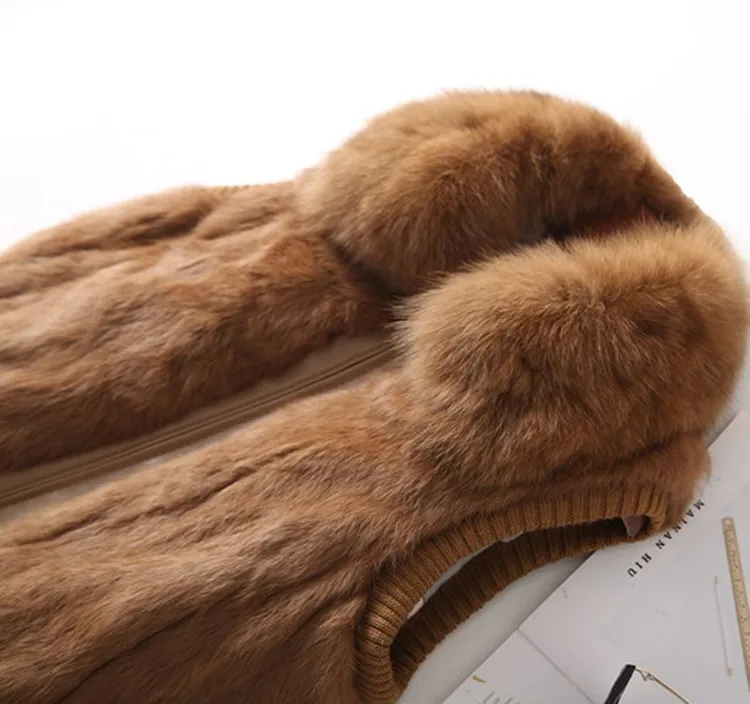 Women's Genuine Real Rabbit Fur Fox Fur Collar Knitting Women's Winter vest Fur Jacket Casual Short Outwear Slim with zipper