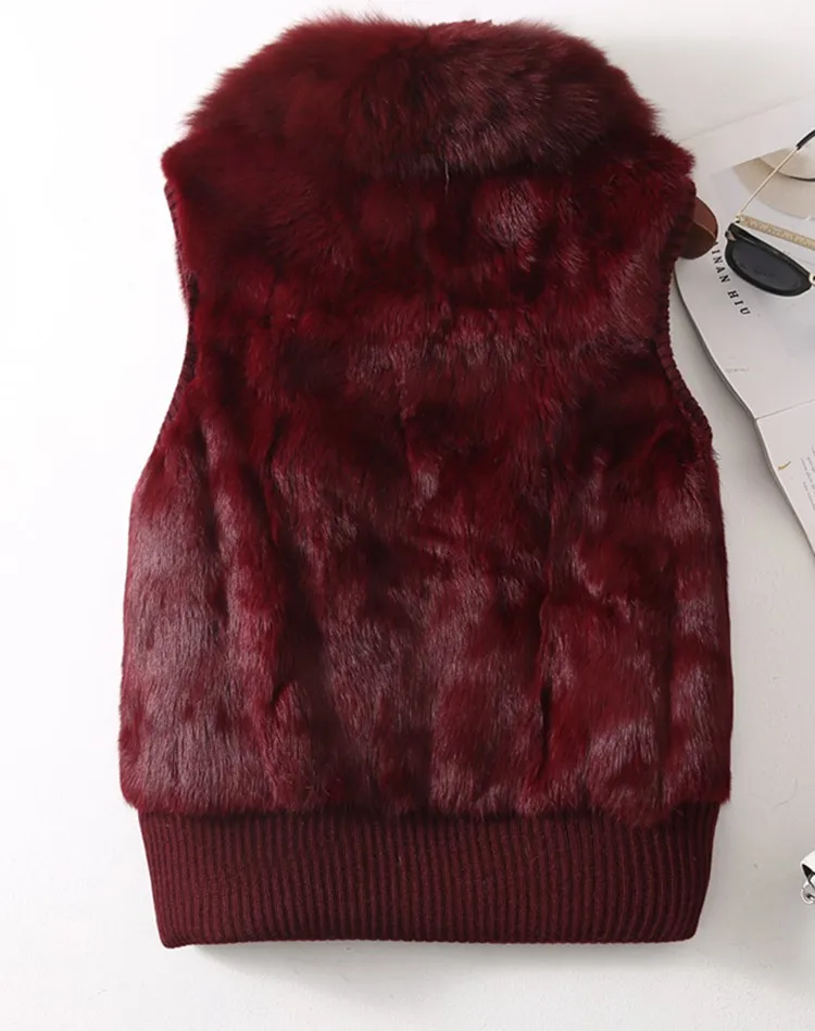 Women's Genuine Real Rabbit Fur Fox Fur Collar Knitting Women's Winter vest Fur Jacket Casual Short Outwear Slim with zipper