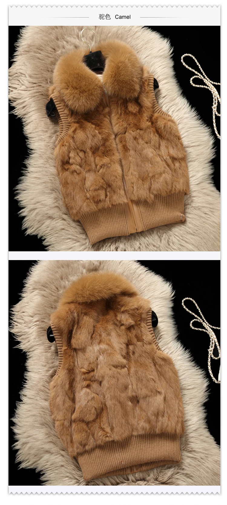 Women's Genuine Real Rabbit Fur Fox Fur Collar Knitting Women's Winter vest Fur Jacket Casual Short Outwear Slim with zipper