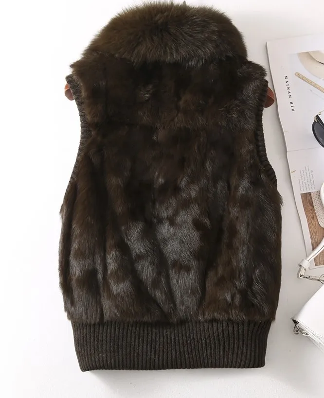 Women's Genuine Real Rabbit Fur Fox Fur Collar Knitting Women's Winter vest Fur Jacket Casual Short Outwear Slim with zipper