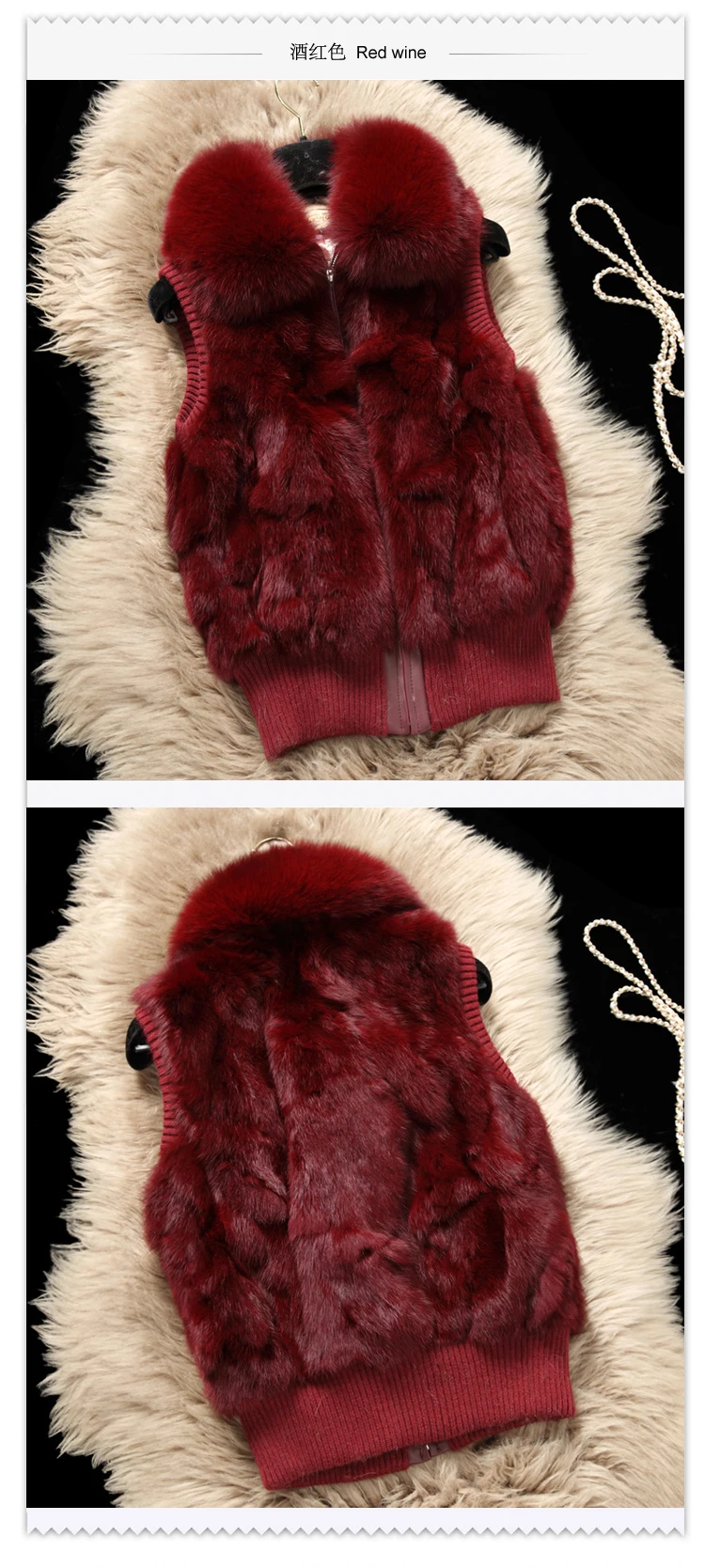 Women's Genuine Real Rabbit Fur Fox Fur Collar Knitting Women's Winter vest Fur Jacket Casual Short Outwear Slim with zipper