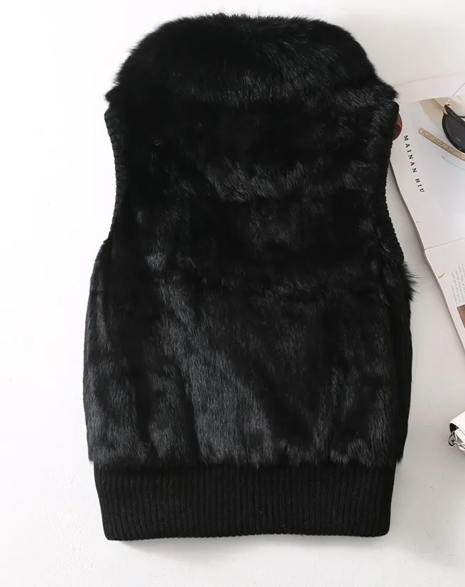 Women's Genuine Real Rabbit Fur Fox Fur Collar Knitting Women's Winter vest Fur Jacket Casual Short Outwear Slim with zipper