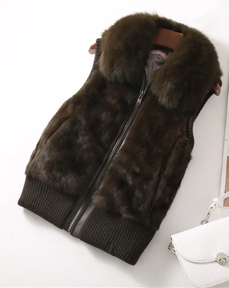 Women's Genuine Real Rabbit Fur Fox Fur Collar Knitting Women's Winter vest Fur Jacket Casual Short Outwear Slim with zipper