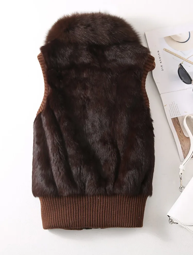 Women's Genuine Real Rabbit Fur Fox Fur Collar Knitting Women's Winter vest Fur Jacket Casual Short Outwear Slim with zipper