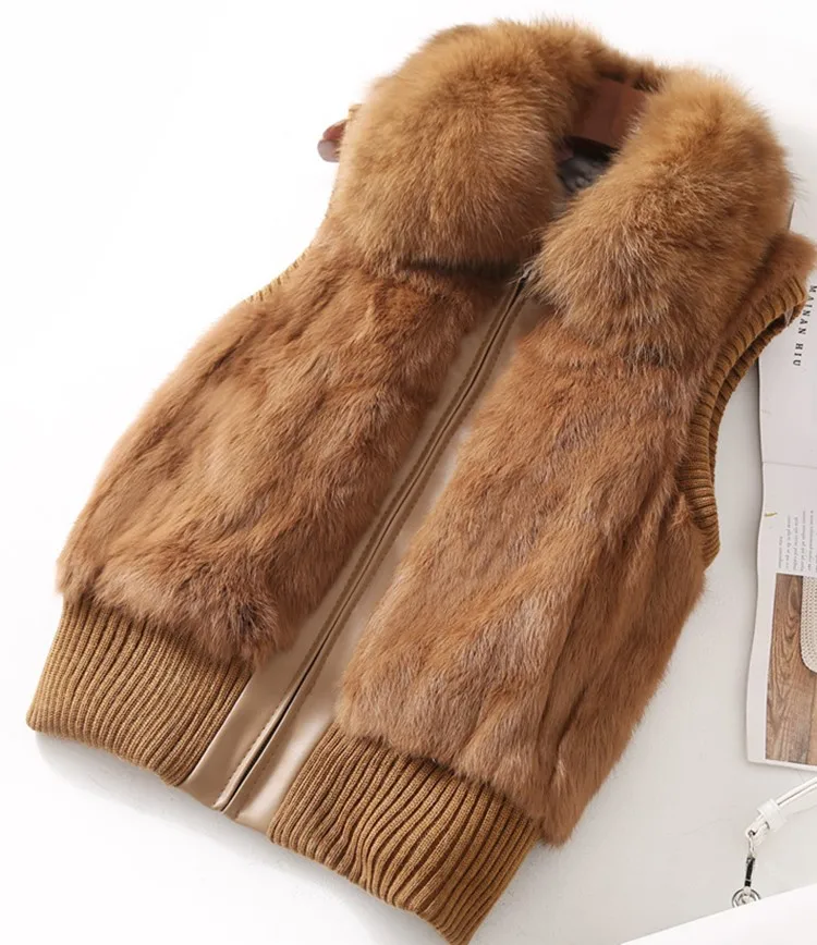 Women's Genuine Real Rabbit Fur Fox Fur Collar Knitting Women's Winter vest Fur Jacket Casual Short Outwear Slim with zipper