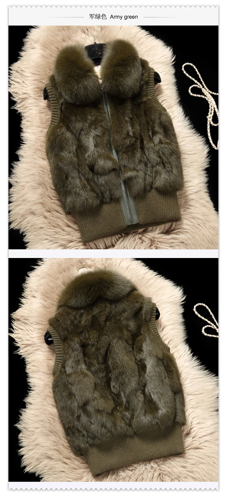Women's Genuine Real Rabbit Fur Fox Fur Collar Knitting Women's Winter vest Fur Jacket Casual Short Outwear Slim with zipper