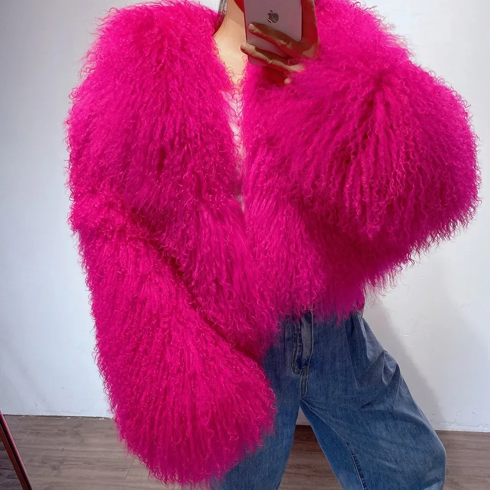 New brand real fur Short genuine fur coat Mongolia Sheep Fur long sleeves women's warm jacket