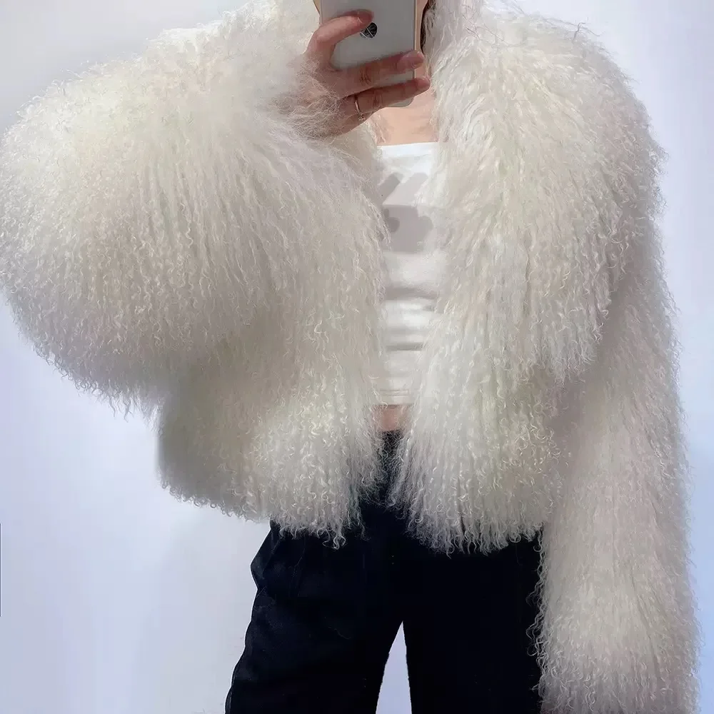 New brand real fur Short genuine fur coat Mongolia Sheep Fur long sleeves women's warm jacket