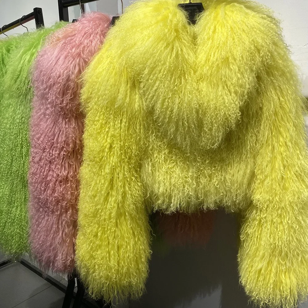 New brand real fur Short genuine fur coat Mongolia Sheep Fur long sleeves women's warm jacket