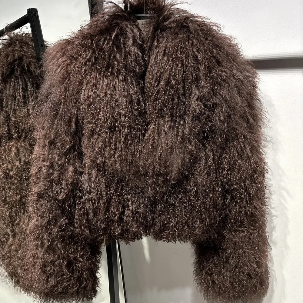 New brand real fur Short genuine fur coat Mongolia Sheep Fur long sleeves women's warm jacket