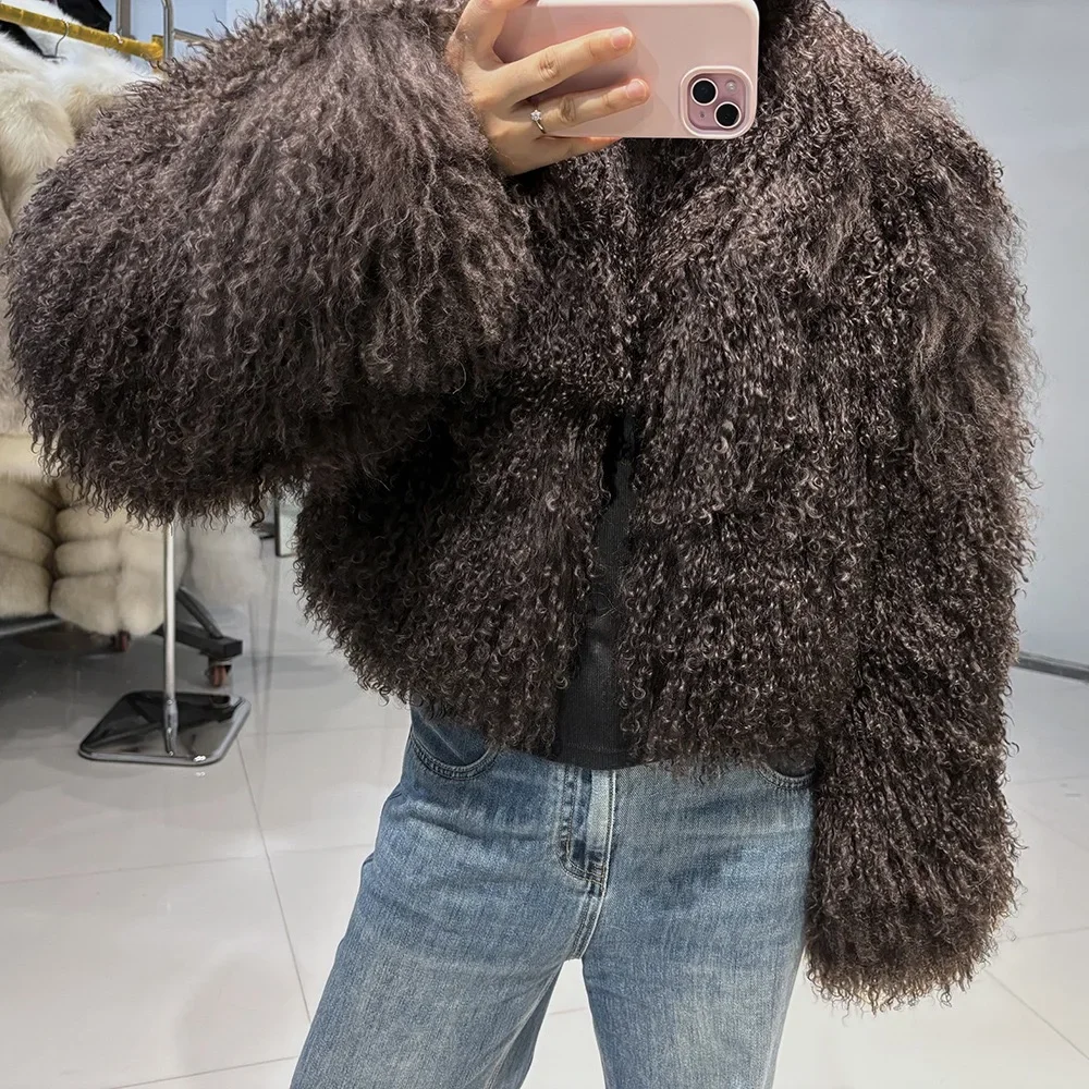 New brand real fur Short genuine fur coat Mongolia Sheep Fur long sleeves women's warm jacket