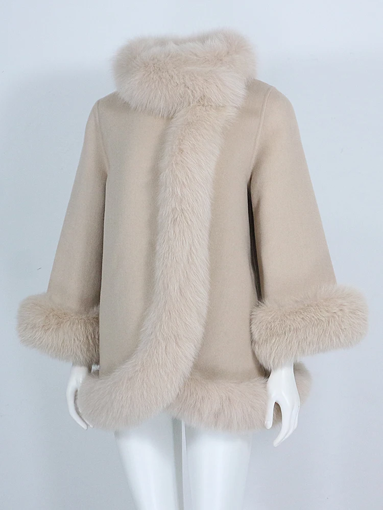 OFTBUY Real Fur Coat Winter Jacket Women Natural Fox Fur Collar Cashmere Wool Woolen Ladies Outerwear Streetwear Fashion