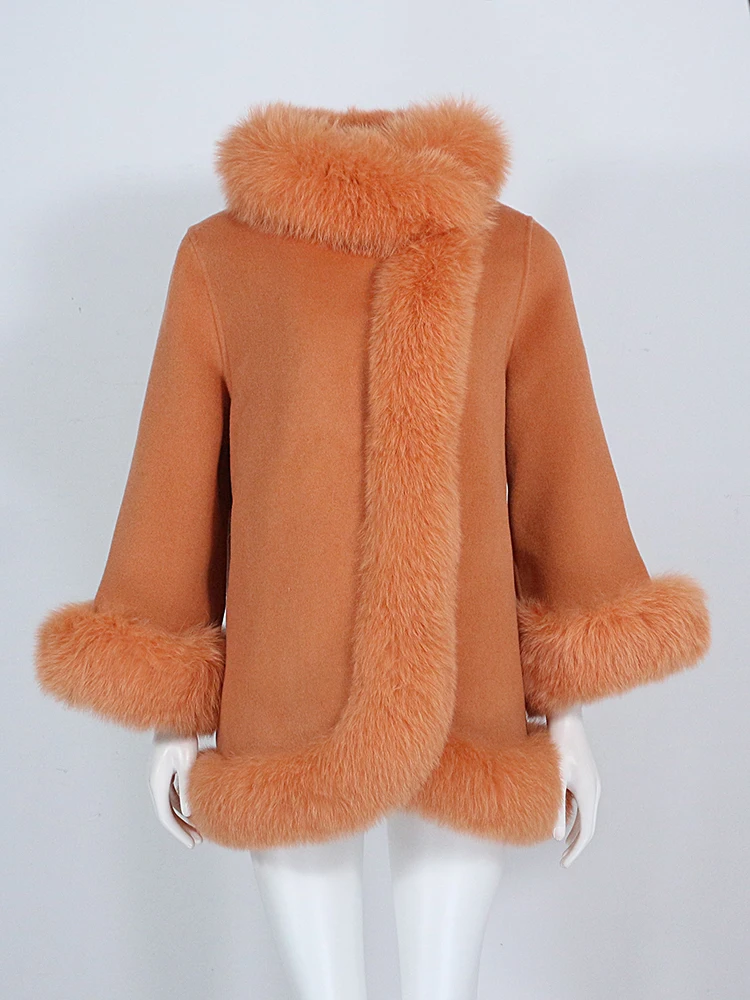 OFTBUY Real Fur Coat Winter Jacket Women Natural Fox Fur Collar Cashmere Wool Woolen Ladies Outerwear Streetwear Fashion