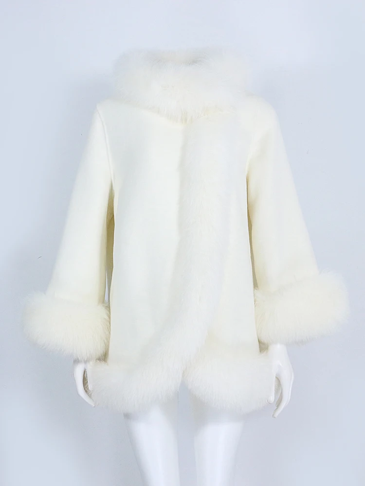 OFTBUY Real Fur Coat Winter Jacket Women Natural Fox Fur Collar Cashmere Wool Woolen Ladies Outerwear Streetwear Fashion