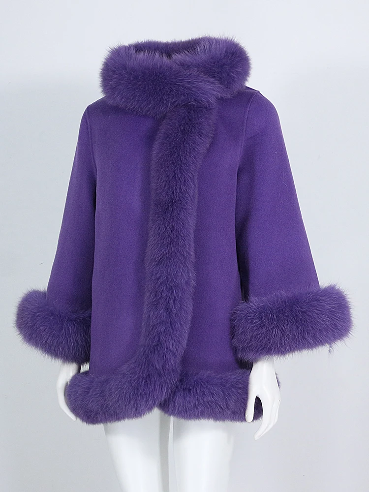 OFTBUY Real Fur Coat Winter Jacket Women Natural Fox Fur Collar Cashmere Wool Woolen Ladies Outerwear Streetwear Fashion