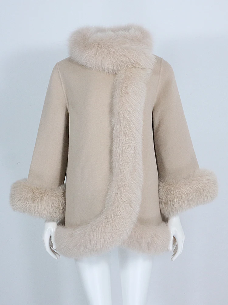 OFTBUY Real Fur Coat Winter Jacket Women Natural Fox Fur Collar Cashmere Wool Woolen Ladies Outerwear Streetwear Fashion