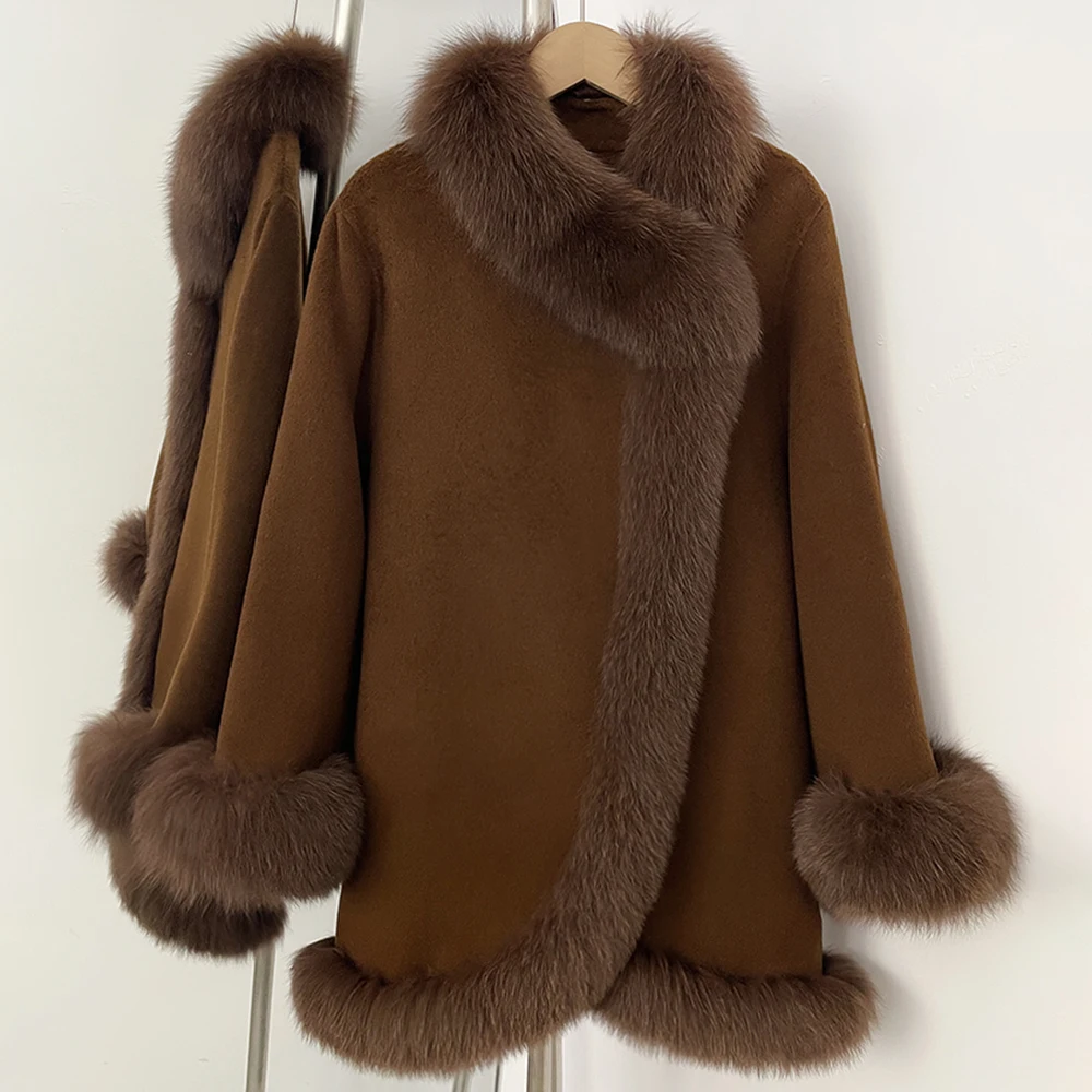 OFTBUY Real Fur Coat Winter Jacket Women Natural Fox Fur Collar Cashmere Wool Woolen Ladies Outerwear Streetwear Fashion
