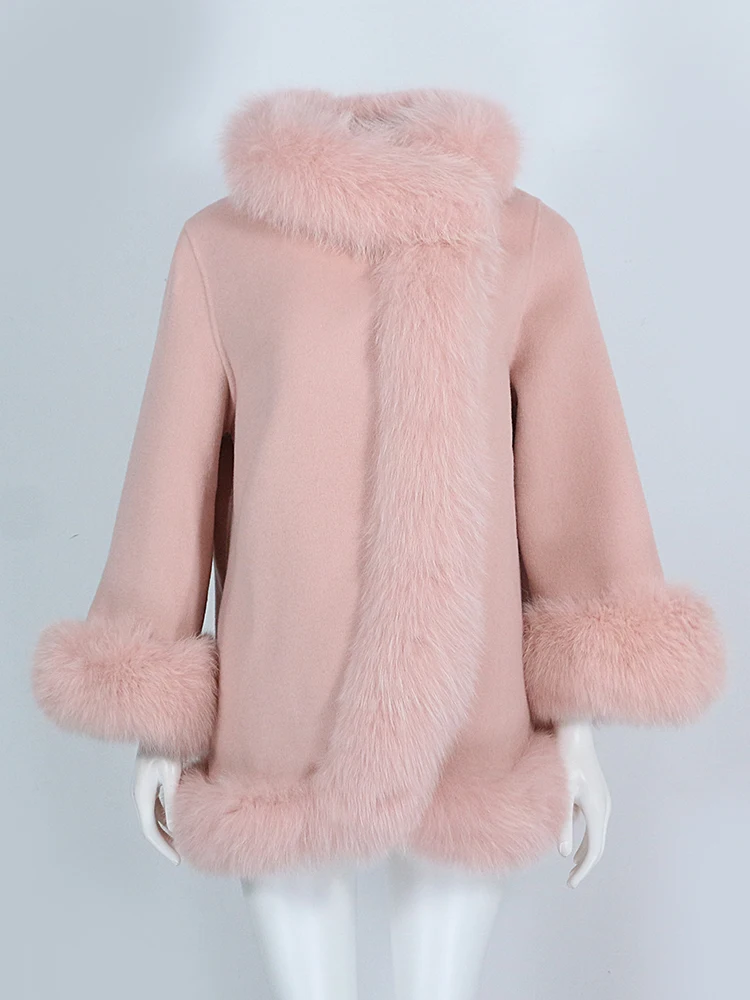 OFTBUY Real Fur Coat Winter Jacket Women Natural Fox Fur Collar Cashmere Wool Woolen Ladies Outerwear Streetwear Fashion