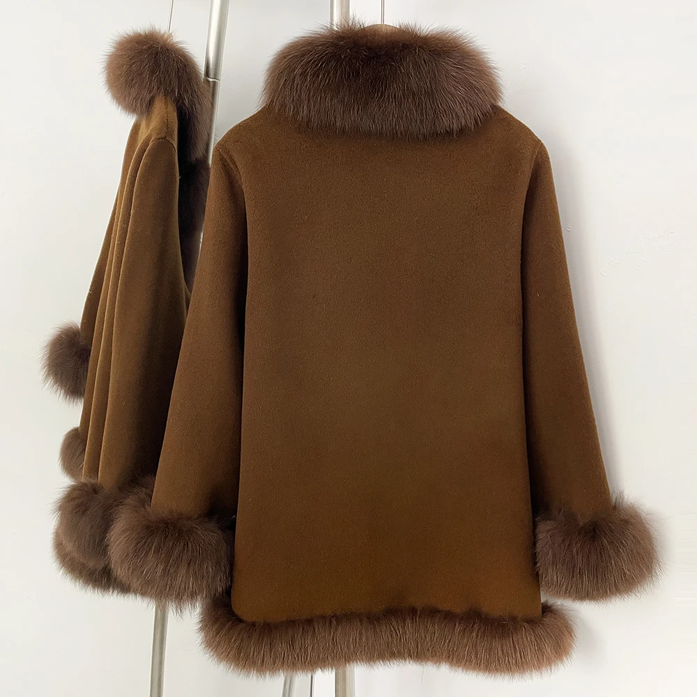 OFTBUY Real Fur Coat Winter Jacket Women Natural Fox Fur Collar Cashmere Wool Woolen Ladies Outerwear Streetwear Fashion