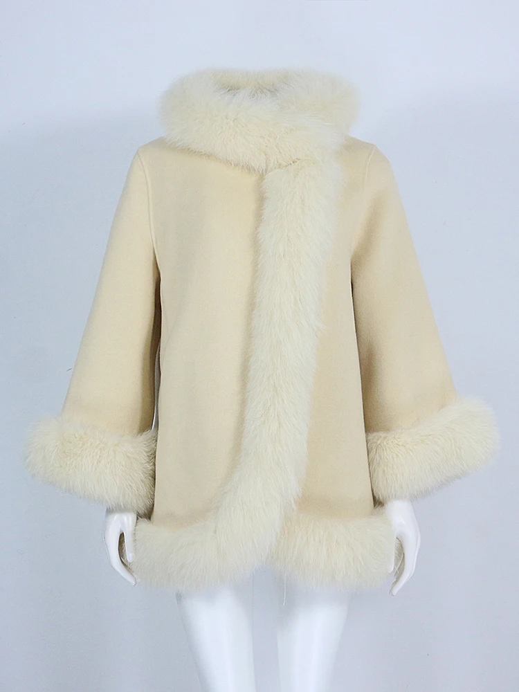 OFTBUY Real Fur Coat Winter Jacket Women Natural Fox Fur Collar Cashmere Wool Woolen Ladies Outerwear Streetwear Fashion