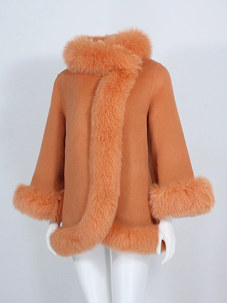 OFTBUY Real Fur Coat Winter Jacket Women Natural Fox Fur Collar Cashmere Wool Woolen Ladies Outerwear Streetwear Fashion