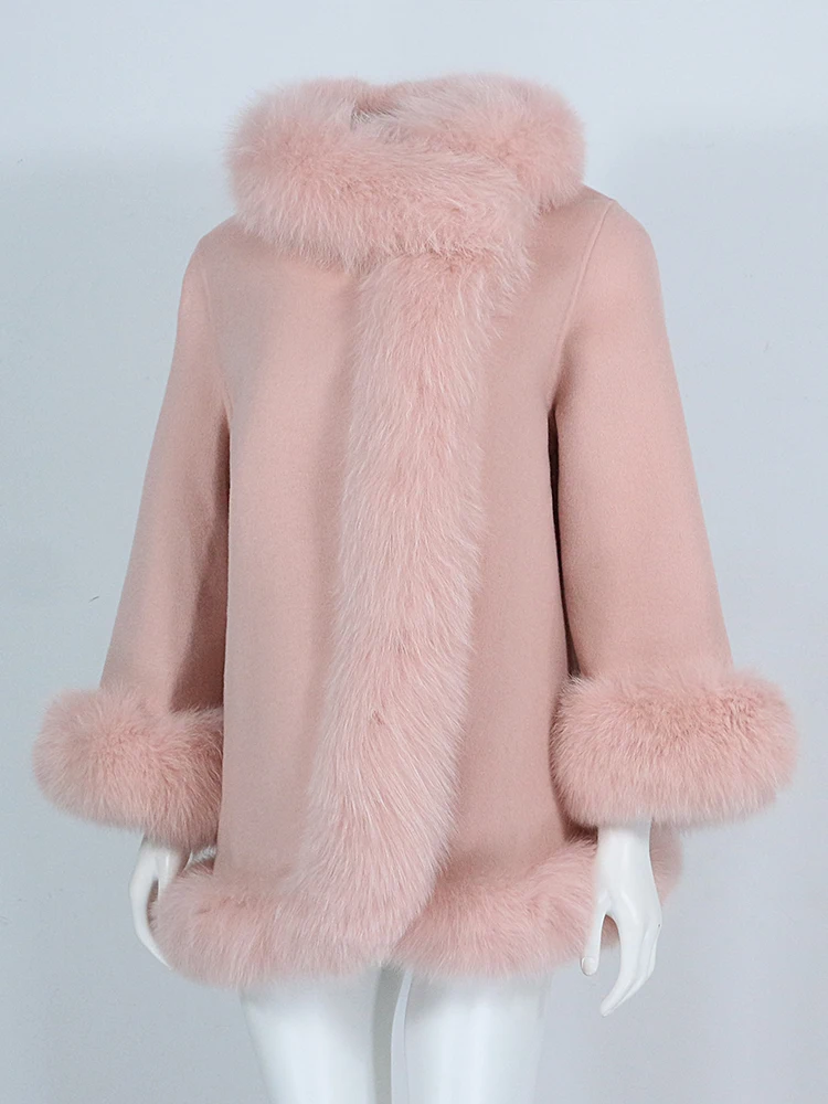 OFTBUY Real Fur Coat Winter Jacket Women Natural Fox Fur Collar Cashmere Wool Woolen Ladies Outerwear Streetwear Fashion