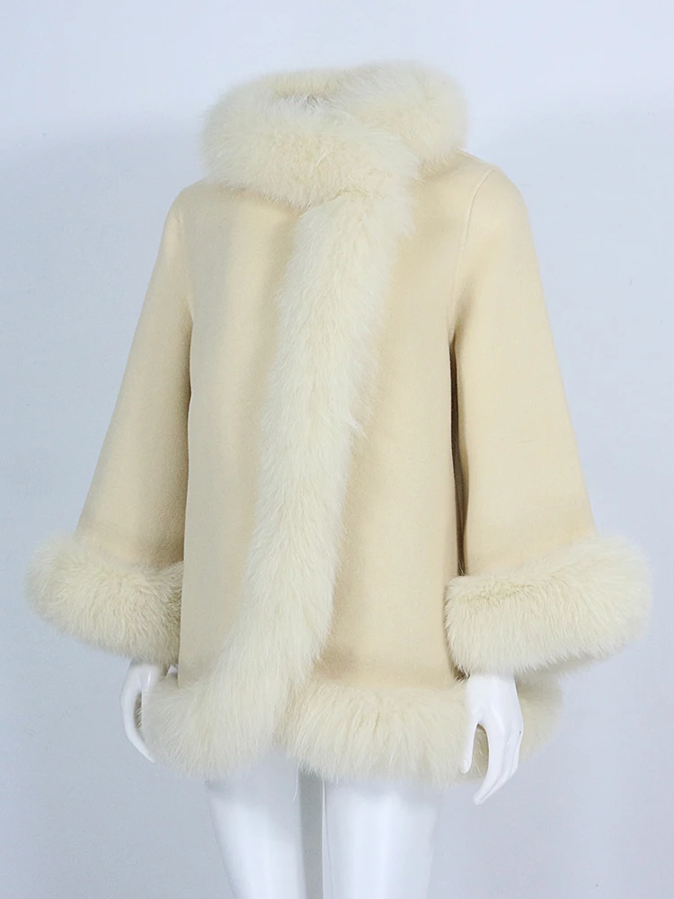 OFTBUY Real Fur Coat Winter Jacket Women Natural Fox Fur Collar Cashmere Wool Woolen Ladies Outerwear Streetwear Fashion