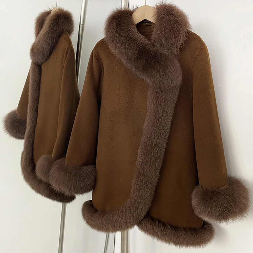 OFTBUY Real Fur Coat Winter Jacket Women Natural Fox Fur Collar Cashmere Wool Woolen Ladies Outerwear Streetwear Fashion
