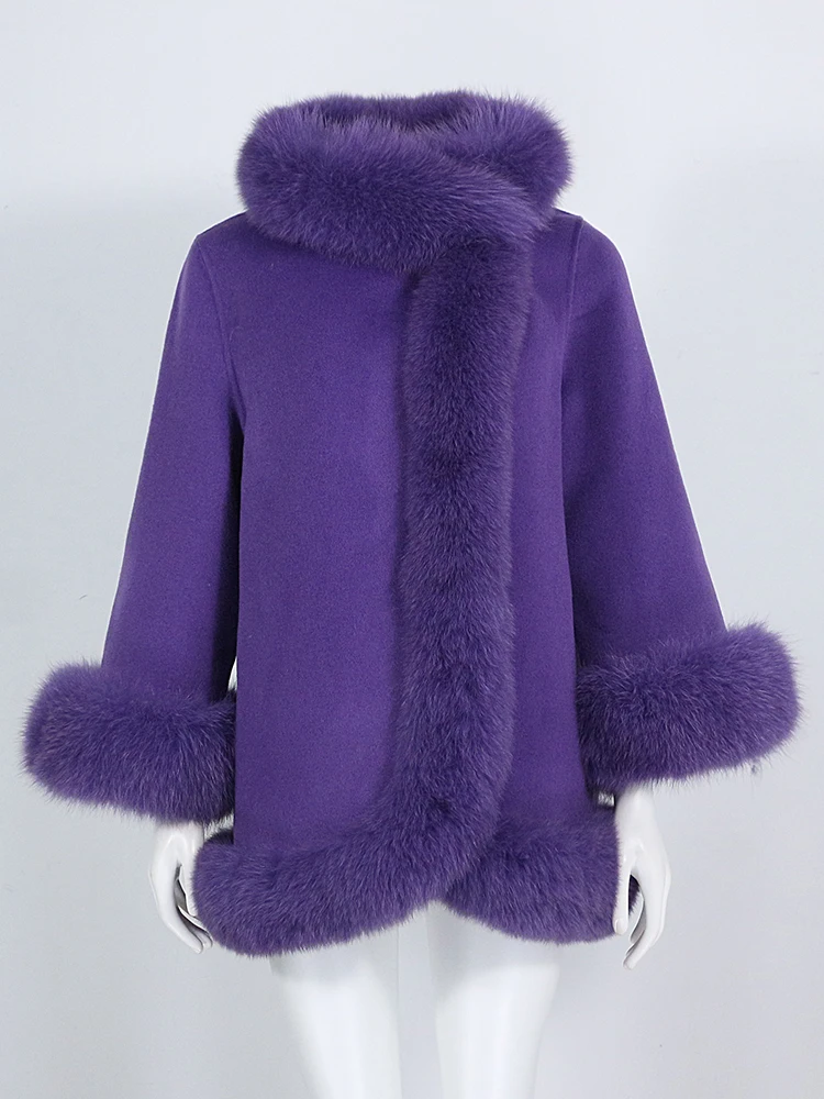 OFTBUY Real Fur Coat Winter Jacket Women Natural Fox Fur Collar Cashmere Wool Woolen Ladies Outerwear Streetwear Fashion