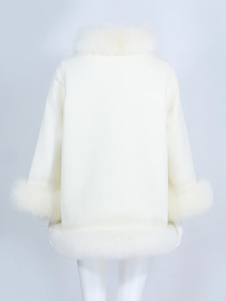 OFTBUY Real Fur Coat Winter Jacket Women Natural Fox Fur Collar Cashmere Wool Woolen Ladies Outerwear Streetwear Fashion