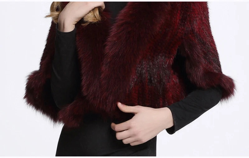 New Real Genuine Natural Knitted Mink Fur Shawl Coat With Fox Fur Collar Women's Fashion Knit Jacket Cape