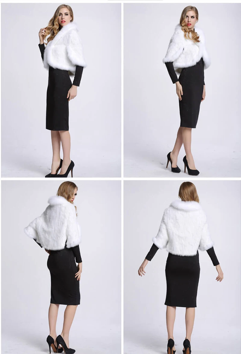New Real Genuine Natural Knitted Mink Fur Shawl Coat With Fox Fur Collar Women's Fashion Knit Jacket Cape