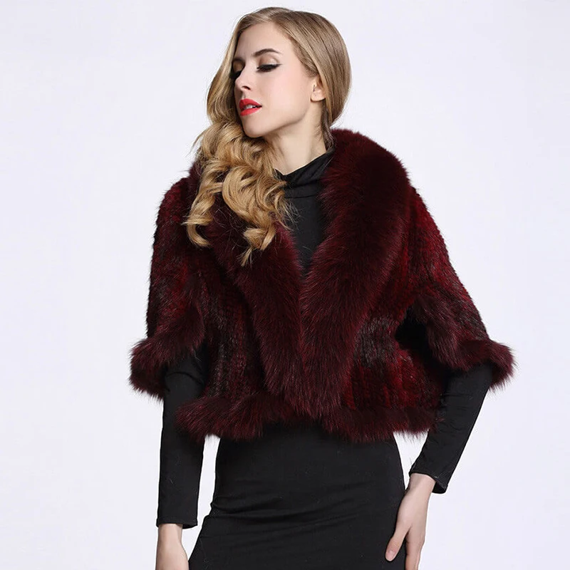 New Real Genuine Natural Knitted Mink Fur Shawl Coat With Fox Fur Collar Women's Fashion Knit Jacket Cape