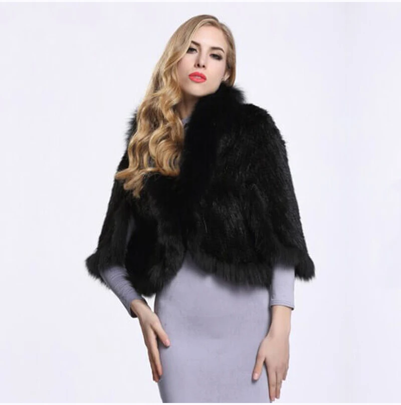 New Real Genuine Natural Knitted Mink Fur Shawl Coat With Fox Fur Collar Women's Fashion Knit Jacket Cape