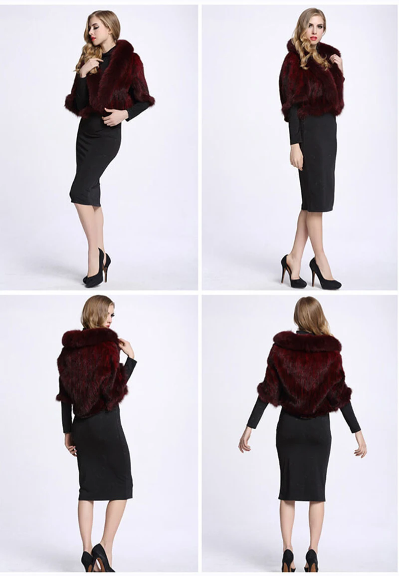 New Real Genuine Natural Knitted Mink Fur Shawl Coat With Fox Fur Collar Women's Fashion Knit Jacket Cape