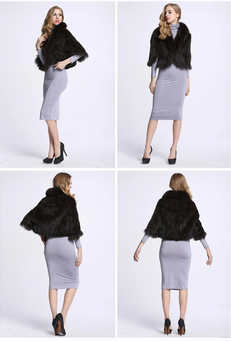 New Real Genuine Natural Knitted Mink Fur Shawl Coat With Fox Fur Collar Women's Fashion Knit Jacket Cape
