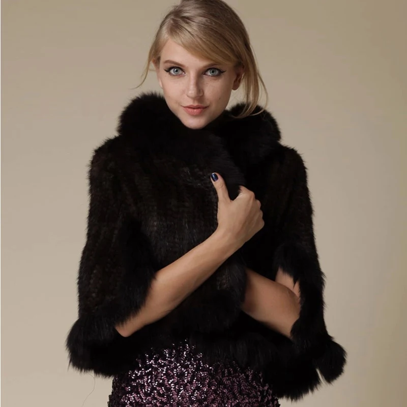 New Real Genuine Natural Knitted Mink Fur Shawl Coat With Fox Fur Collar Women's Fashion Knit Jacket Cape