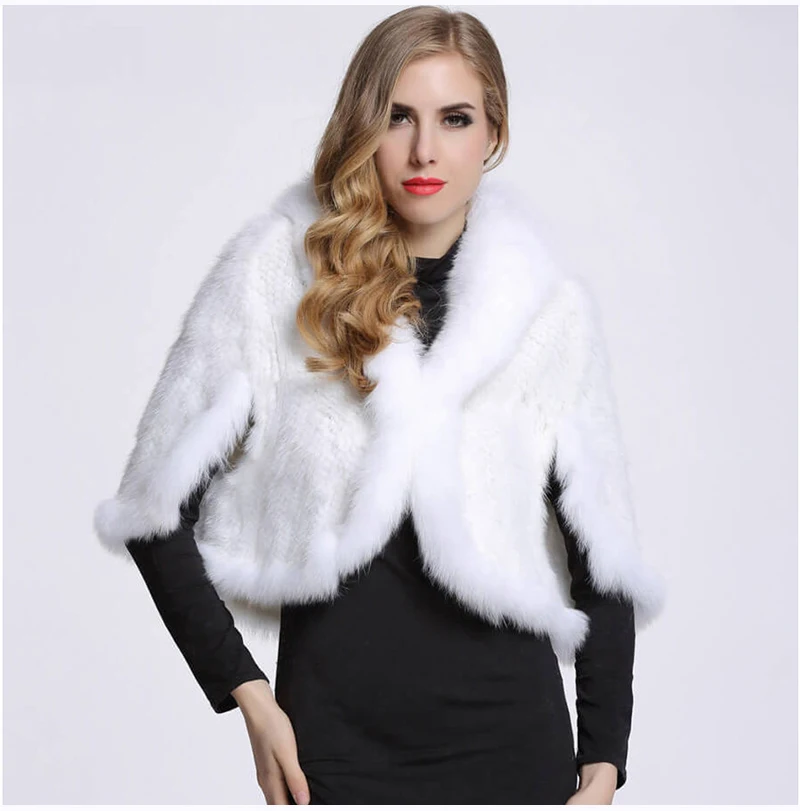 New Real Genuine Natural Knitted Mink Fur Shawl Coat With Fox Fur Collar Women's Fashion Knit Jacket Cape