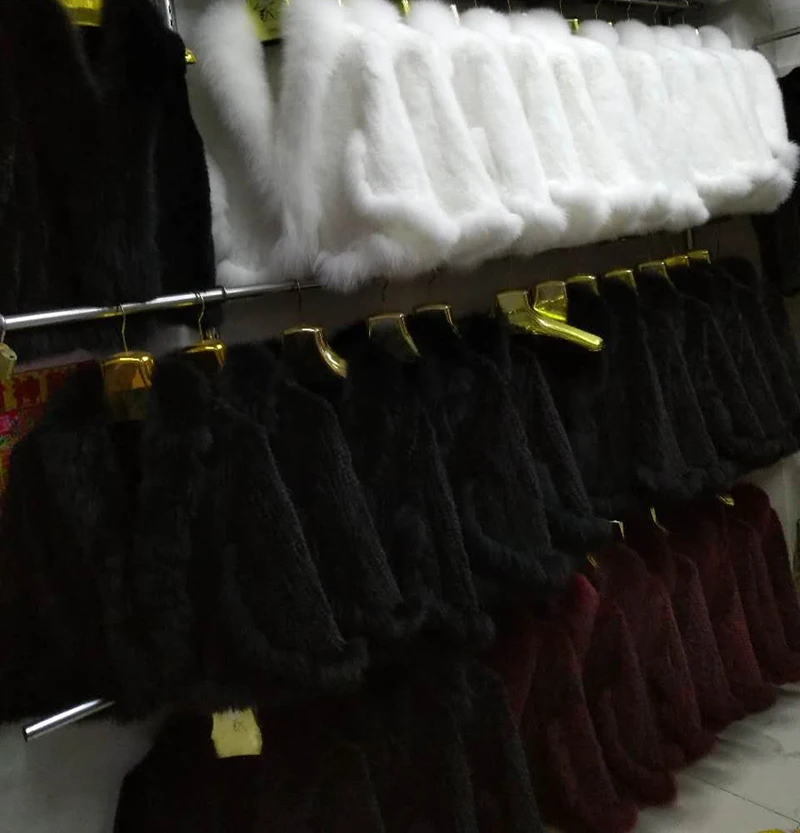 New Real Genuine Natural Knitted Mink Fur Shawl Coat With Fox Fur Collar Women's Fashion Knit Jacket Cape
